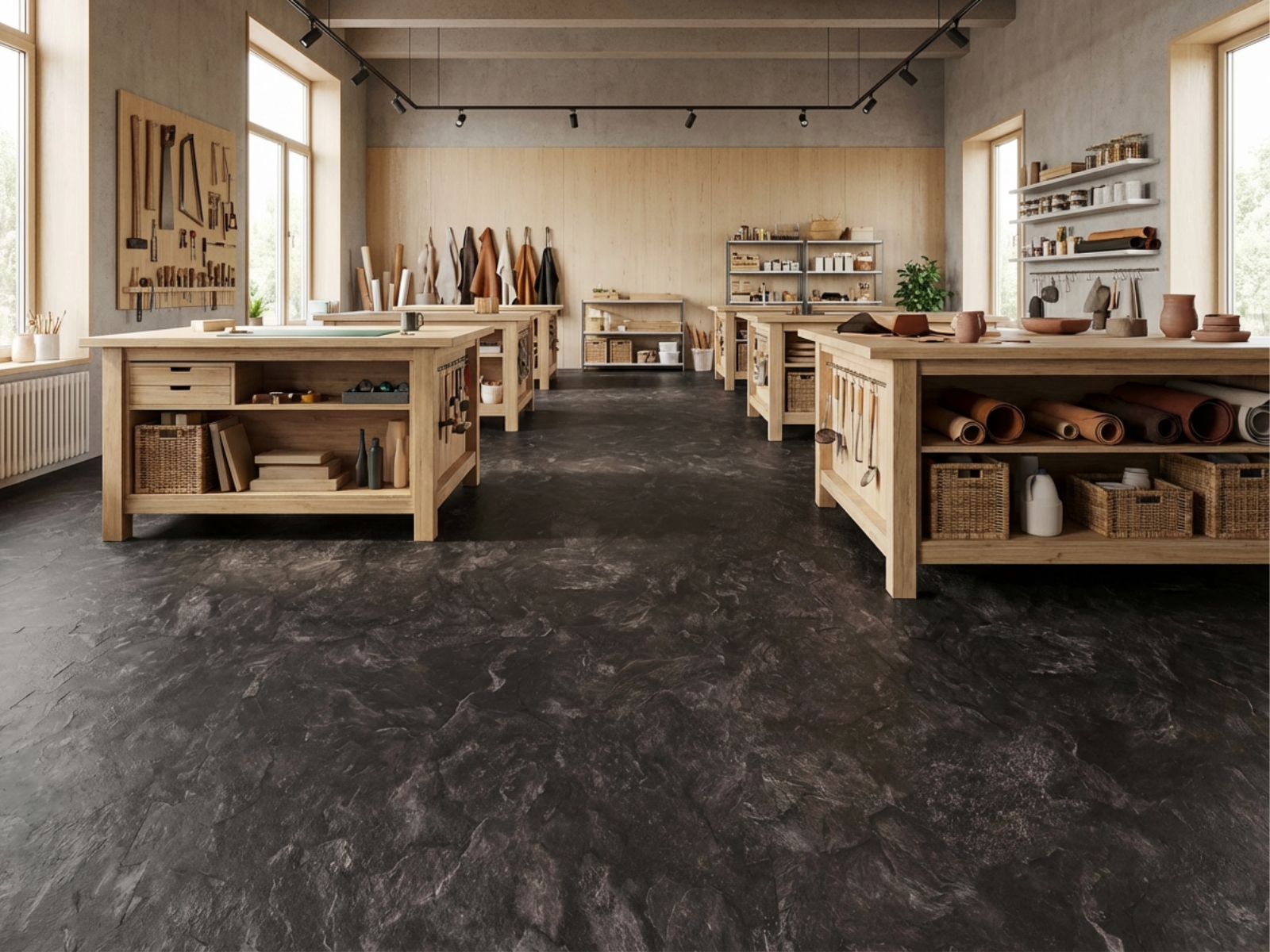 Modern eingerichteter Arbeitsraum mit dunklem Boden von LS Floor